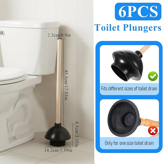 SHENLIU 6 Pack Toilet Plungers for Bathroom, Heavy Duty Rubber Toilet Plunger with Long Wooden Handle Black Double Thrust Suction Cup Clog Remover for Bathroom Toilets