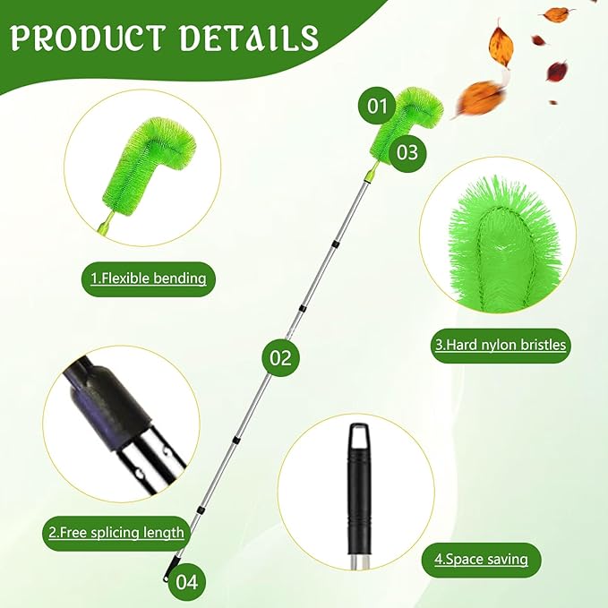 Gutter Cleaning Tools from The Ground, 10 FT Gutter Cleaner Tools for Removing Leaves and Debris, Rain Gutter Cleaning Tool with 8 Steel Tubes and 2 Brush Heads (Green)