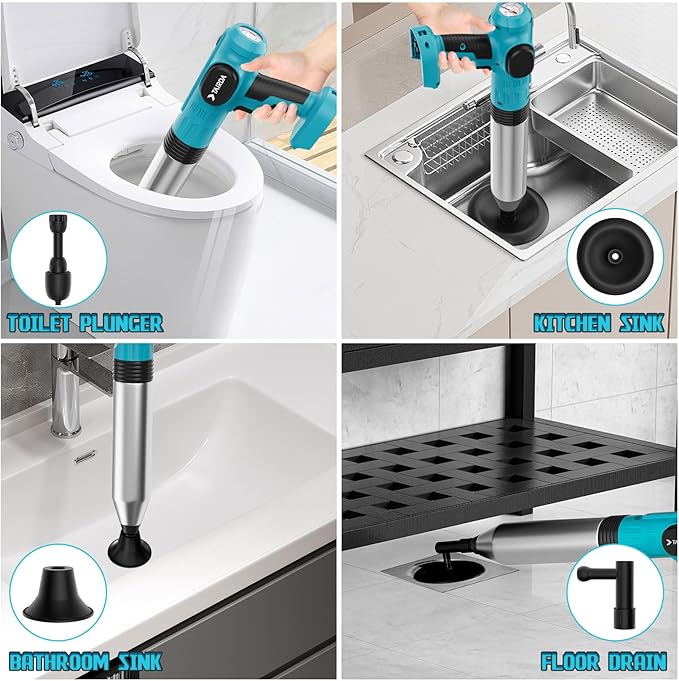 Electric Toilet Plunger Compatible for Makita 18v Battery(NO Battery), Cordless Toilet Plungers with Auto-Pressurized, NO Splashes & 3 Heads, Drain Unclogger Tool For Bathroom Shower Floors(Bare Tool)