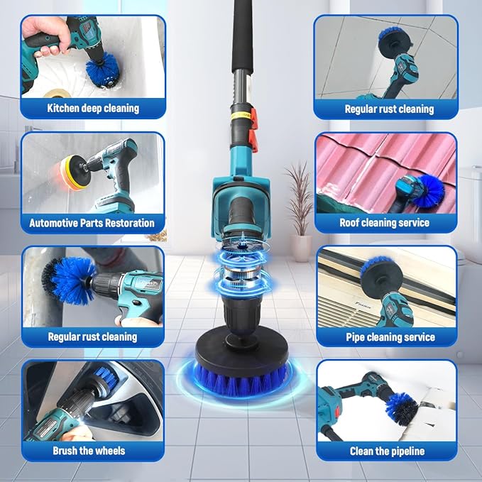 Cordless Power Drill Cleaning Tools Electric Spin Scrubber Extra Large Brush 1500 RPM High Power Electric Scrubber for Cleaning Adjustable Extension Handle, for Tub/Tile/Floor/Car (7Brushes)