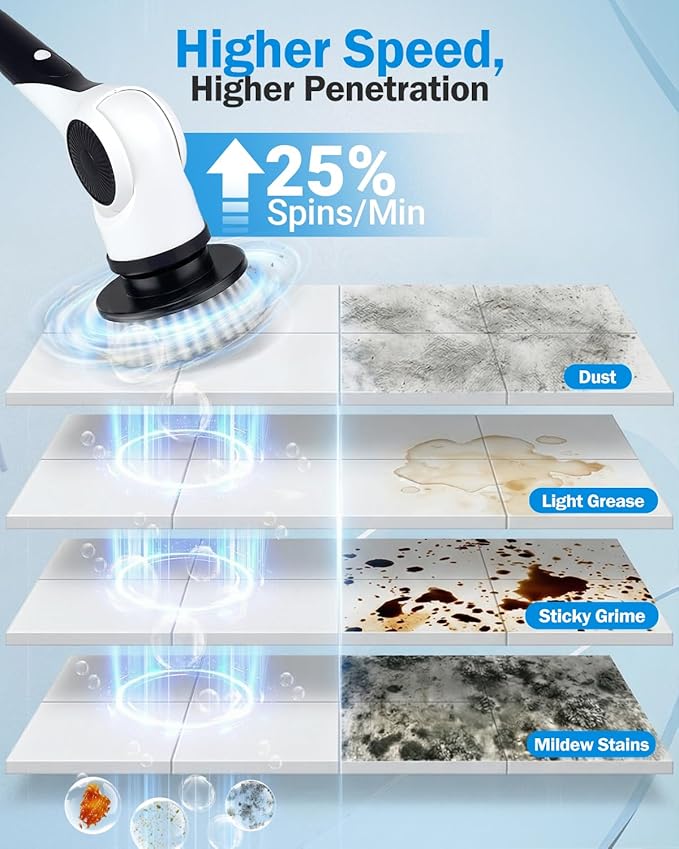 Electric Spin Scrubber, 3-Speed Cordless Shower Scrubber with 90° Adjustable & 10 Replaceable Brush Heads, 90 Mins Runtime & Full-Body IPX7 Waterproof Shower Cleaner Brush with Long Handle