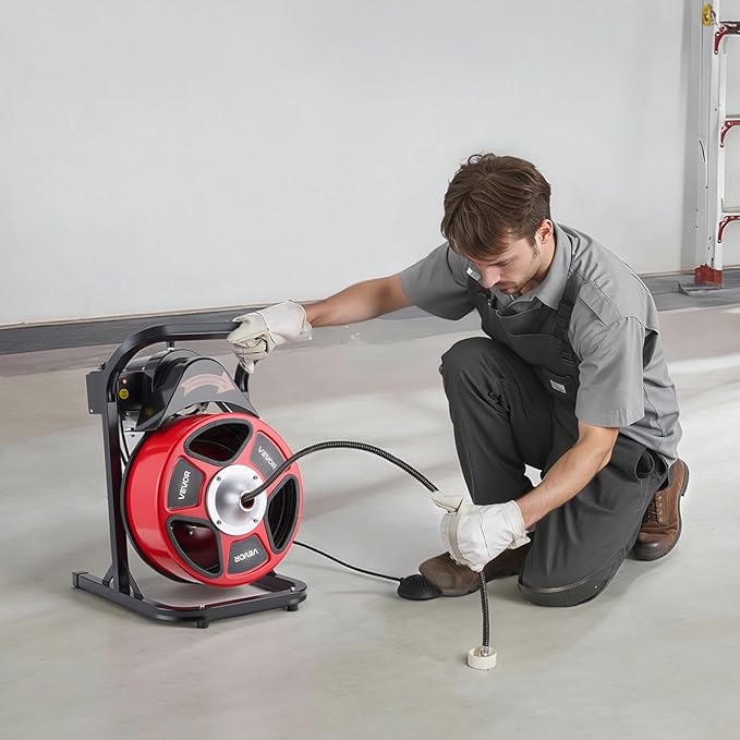 VEVOR Drain Cleaner Machine 50 FT x 1/2 Inch, Manual Feed Sewer Snake Auger with 4 Cutters & Air-Activated Foot Switch for 2" to 6" Pipes