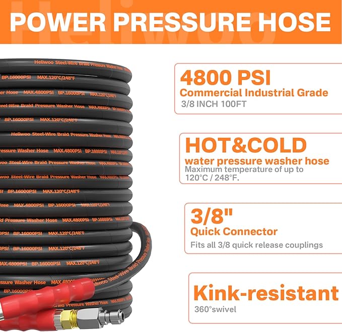 5000PSI Pressure Washer Gun and Hose Kit, 100FT Kink Resistant Steel Braided Power Washer Hose with 3/8" Swivel Quick Connector and M22 14mm Adapters Replacement