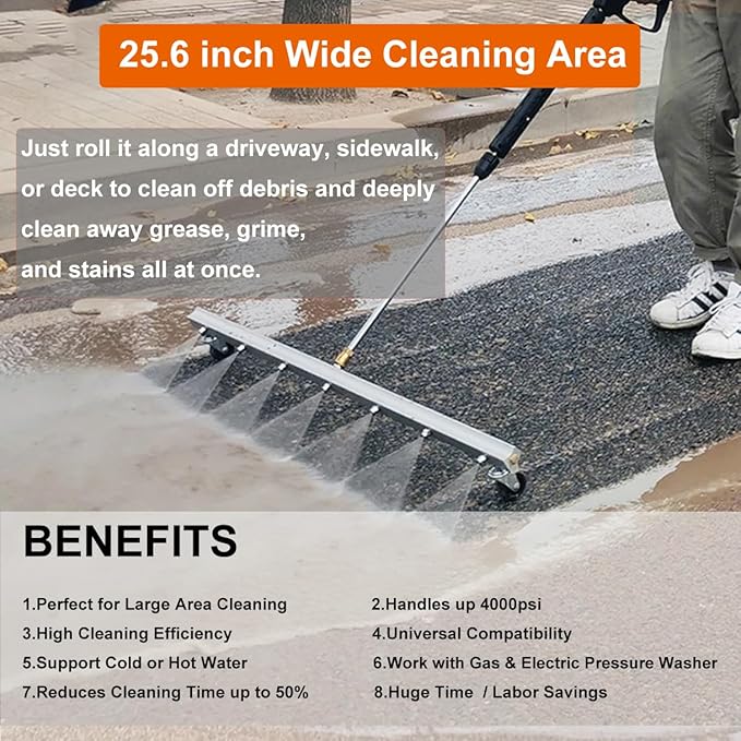 26-inch Water Broom for Pressure Washer, Power Broom Sweeper Surface Cleaner for Concrete Driveway Sidewalk Deck Patio Cleaning, 4000 PSI Pressure Washer Attachment (09640#)