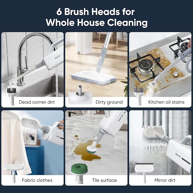 Seyola Steam Mop for Floor Cleaning, Steam Cleaner for Home with Handheld 6-in-1 Multi-function Attachments for Hardwood Floors, Clothes, Windows, Tiles Grout, Furniture Cleaning (off-white)