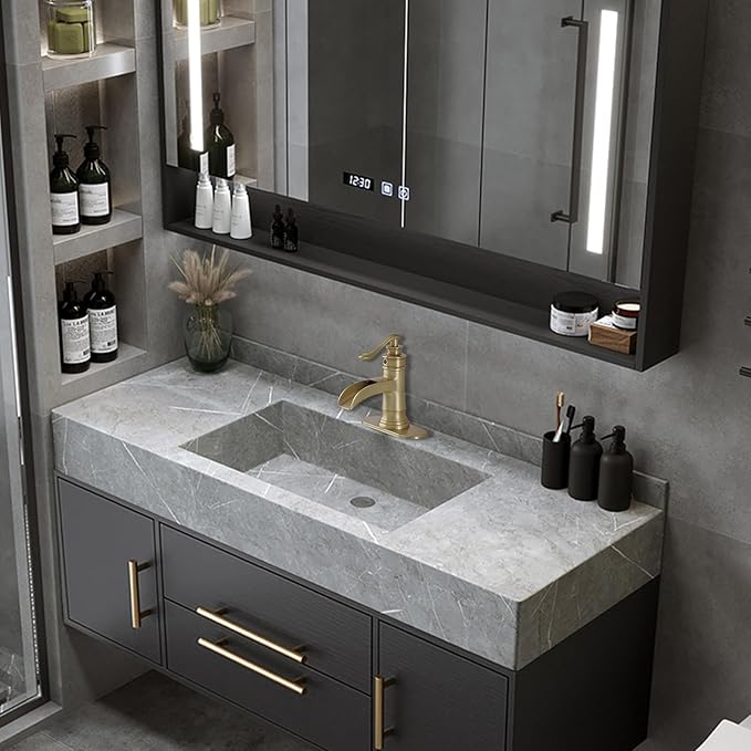 BWE Antique Brass Bathroom Faucet Single Hole Waterfall Bathroom Sink Faucet with Pop Up Drain Assembly and Supply Hose Rustic Lavatory Vanity Sink Faucet Mixer Tap