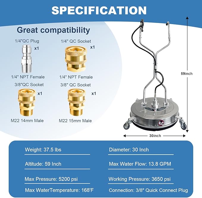 30" Pressure Washer Surface Cleaner, Dual Handle Stainless Steel Power Washer Surface Cleaner With 4 Wheels, 5200 PSI for Pressure Washer Attachment for Concrete, Patio, Sidewalk, Deck and Driveways