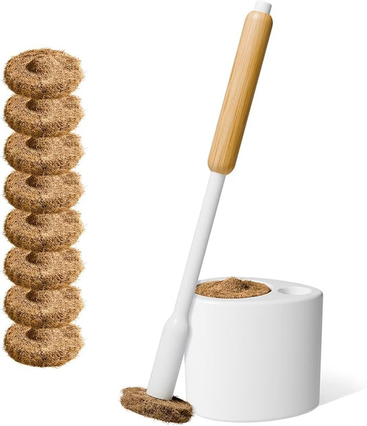TUSHY Toilet Brush 2.0 Set | with Cleanser-Infused Pads and Holder | Disposable Planet Friendly Refills | Includes 8 Lemon and Tea Tree Coconut Husk Scrubbing Pads