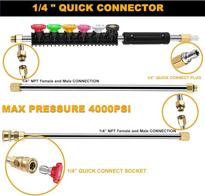 Pressure Washer Extension Wand, 8FT Gutter Cleaning Tools Attachment, Power Washer Lance with 6 Spray Nozzle Tips, 1/4" Quick Connect, 4000 PSI
