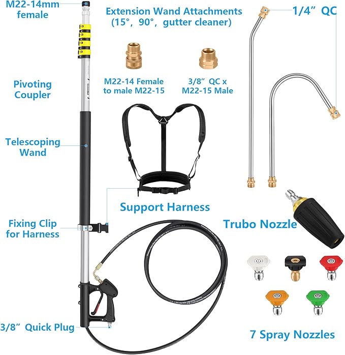 24 FT Telescoping Pressure Washer Wand Extension, Hot Water Supported Power Washer Extension Wand with Turbo Nozzle, 5 Nozzle Tips, 2 Adapters, Harness, Gutter Cleaning Tools from The Ground