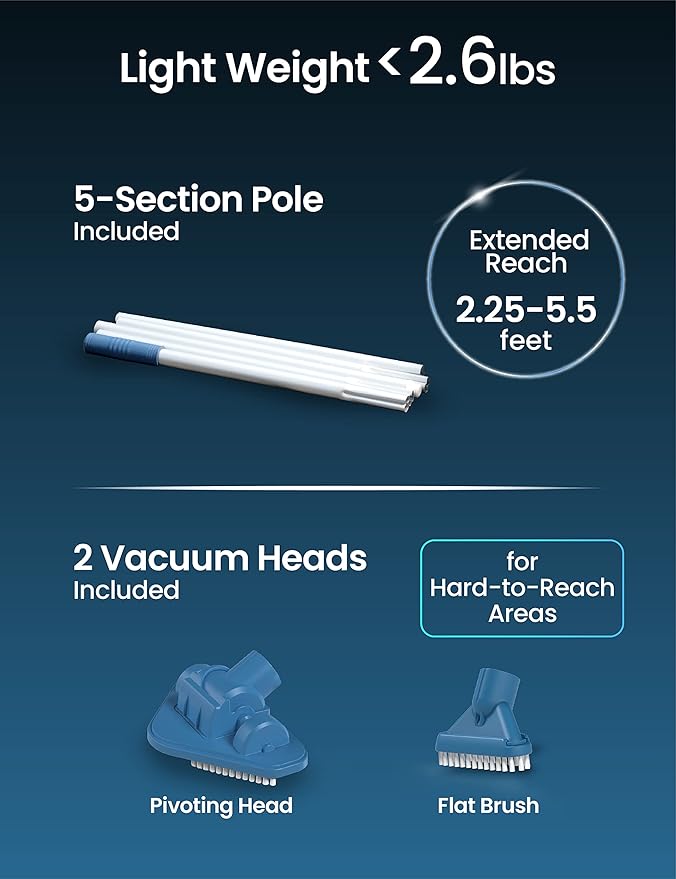 KOKIDO Rechargeable Handheld Pool Spa Hot Tub Vacuum Cordless, IPX8, Aluminum Pole and 2 Brush Heads, Ideal for Light-Duty Spot Cleaning Spa Above Ground Pool up to 20ft, 60min, Sand and Debris XV110