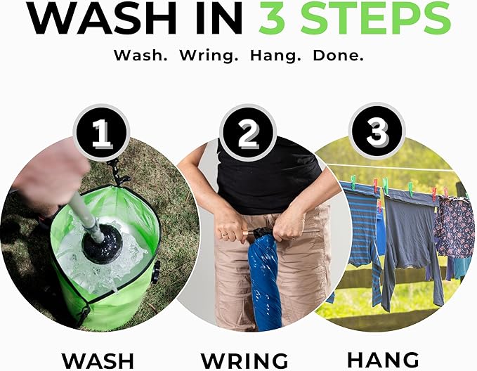 One Hand Wash Bag and Plunger Set - Off Grid Washing Machine Non Electric for Camping Travel | Eco Friendly Portable Manual Clothes