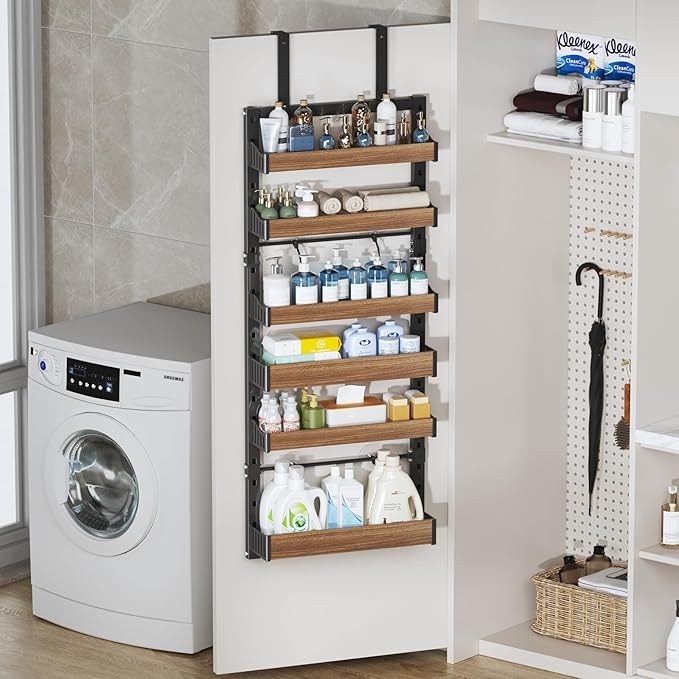 6-Tier Over The Door Pantry Organizer, Heavy-Duty Metal Wall Mount or Hanging Spice Rack, behind the door storage Shelves with Adjustable Basket, Back of Door Organizer for Kitchen Cabinet and Closet
