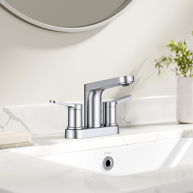 KRAUS Indy Centerset Bathroom Faucet in Chrome with 2 Handles, Pop Up Drain and Supply Lines, FUS14102CH