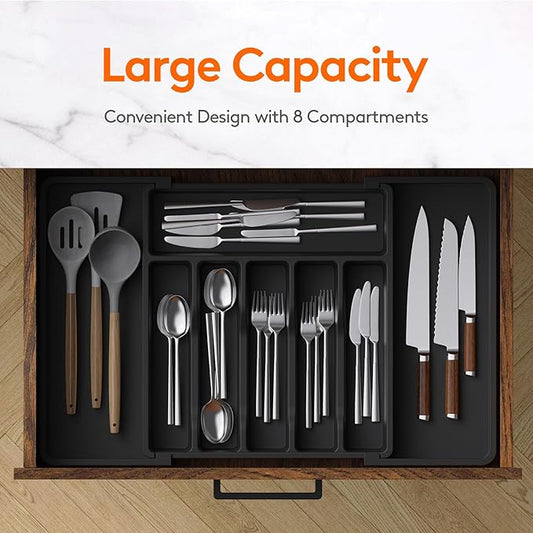Lifewit Silverware Drawer Organizer, Expandable Utensil Tray for Kitchen, BPA Free Flatware and Cutlery Holder, Adjustable Plastic Storage for Spoons Forks Knives, 13-22 x 15", Black
