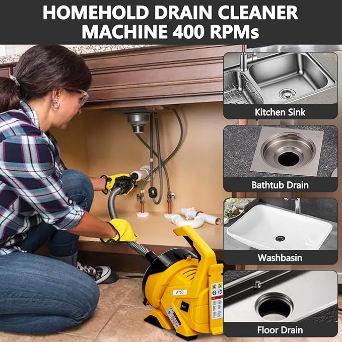 Drain Cleaner Machine 30Ft x 3/10In, Auto-Feed Electric Drain Snake with Foot Switch, Piano Wire Cable for 3/4"–2" Pipes, Sewer Snake for Sinks, Toilets & Floor Drains