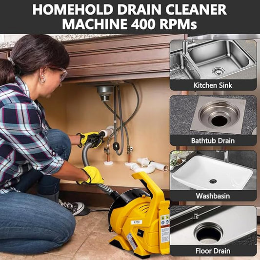 Drain Cleaner Machine 30Ft x 3/10In, Auto-Feed Electric Drain Snake with Foot Switch, Piano Wire Cable for 3/4"–2" Pipes, Sewer Snake for Sinks, Toilets & Floor Drains