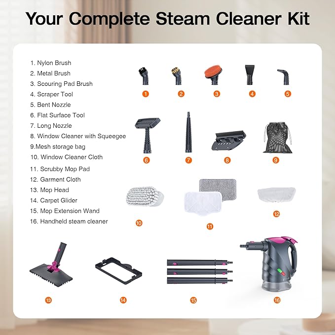 ScrubWiz 10-in-1 Steam Cleaner, Steam Mop & Detachable Handheld Steam cleaner with 320ml Water Tank, 10s Fast Heating, Portable Steamer for Kitchen, Floor, Tiles, Window, BBQ Grill, Car, Mid Gray