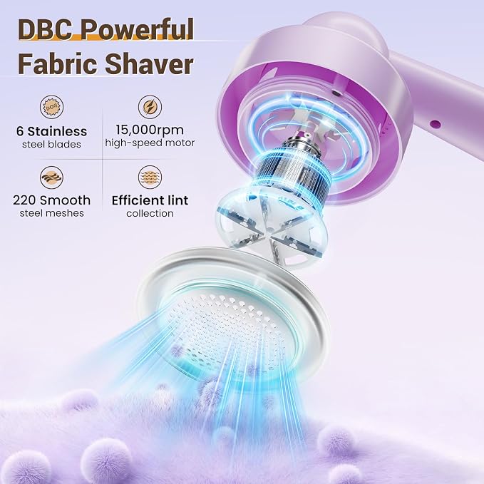 DBC Fabric Shaver & Lint Remover for Clothes, Sweaters & Furniture | 6-Leaf Blade, 3 Speeds, 2H Runtime, Portable Design Perfect for Travel, Includes 2 Extra Blades, Purple - Image 3