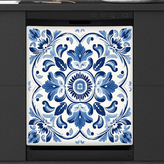 Dishwasher Magnet Cover Blue Ethnic Flower Paisley Reusable Dishwasher Magnetic Cover Sticker Decorative Dish Washer Door Cover Panel for Home Kitcen Appliance, 21x26 in