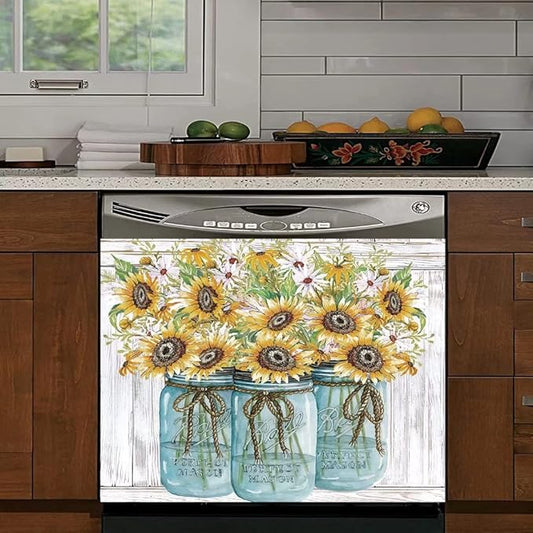 Farm Sunflower Dishwasher Cover Magnet Sticker, Vase Sunflowers Fridge Decal Magnetic Panel, Farm Style Vinyl Home Appliance Cover, Magnetic 23"x17"INCH