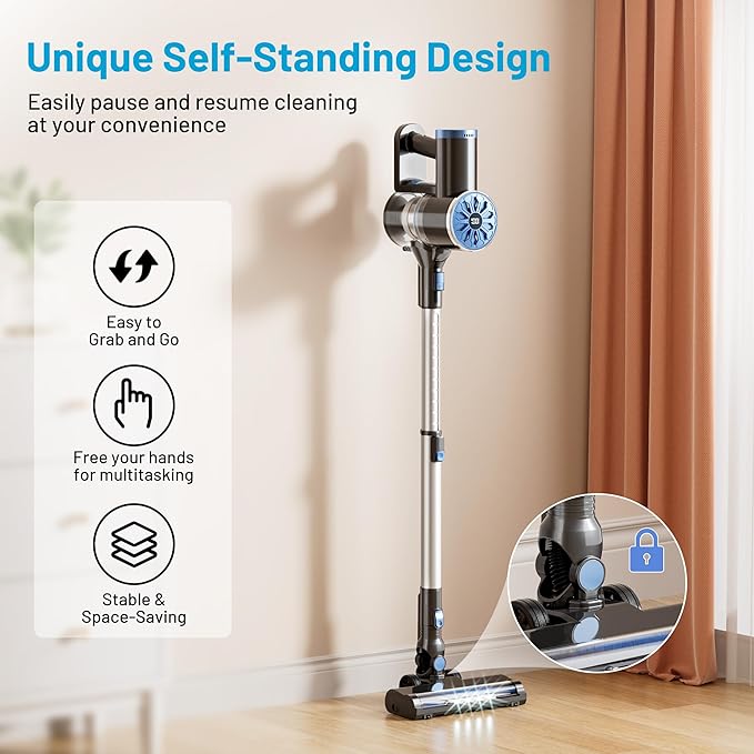 VIPSUN Cordless Vacuum Cleaner with Self-Standing, LED Screen Stick Vacuum Cleaners for Home, Lightweight Powerful Suction Vacuum, 6-in-1 Rechargeable Vacuum for Carpets, Pet Hair, Hardwood Floors