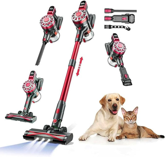 WLOTPO Cordless Vacuum Cleaner for Home, Lightweight Stick Vacuum Cordless Rechargeable with Power Suction, Up to 35 Mins Runtime, Hardwood Floor Vacuum for Pet Hair, Carpets, Tile(Light Red)