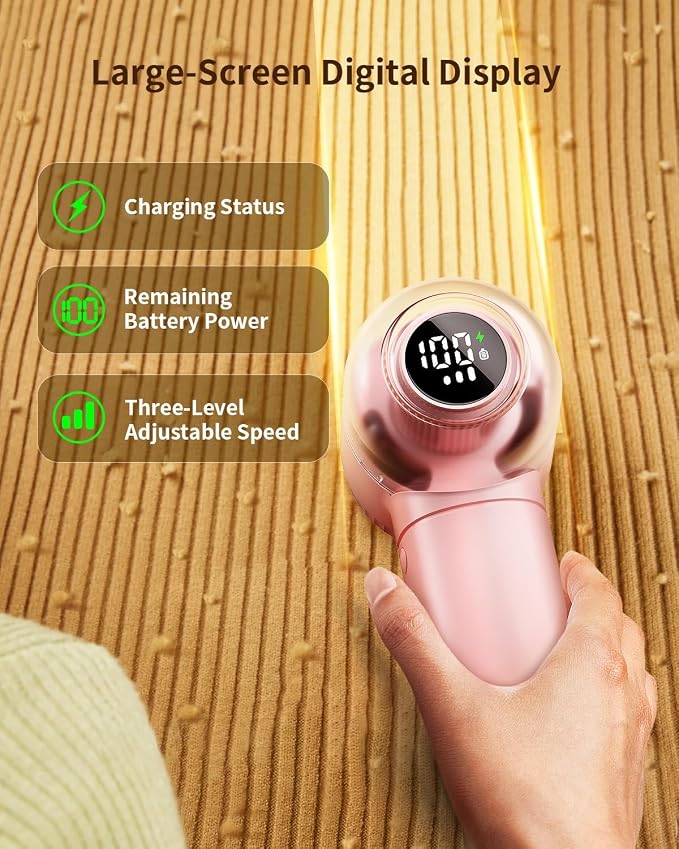 Fabric Shaver,    Rechargeable Lint Remover with Brush, Large Sweater Shaver with Digital Display, 3 Speeds Lint Shaver, 6-Leaf Blades Lint Remover for Clothes, Sofa, Bedding, Pink | Digital Display, 3 Speeds, 6-Leaf Blades, 1200mAh Rechargeabl... - Image 4