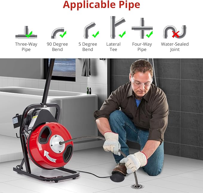 Garvee K-300F 1/2 in 50 ft Red & Black Electric Drain Cleaner Machine - Automatic Auger for 1 to 4 in Pipes, Portable Design, 4 Cutters, Foot Switch Control, and Includes Gloves.