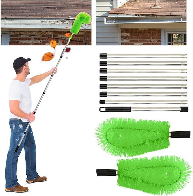 Gutter Cleaning Tools from The Ground, 10 FT Gutter Cleaner Tools for Removing Leaves and Debris, Rain Gutter Cleaning Tool with 8 Steel Tubes and 2 Brush Heads (Green)