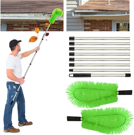 Gutter Cleaning Tools from The Ground, 10 FT Gutter Cleaner Tools for Removing Leaves and Debris, Rain Gutter Cleaning Tool with 8 Steel Tubes and 2 Brush Heads (Green)
