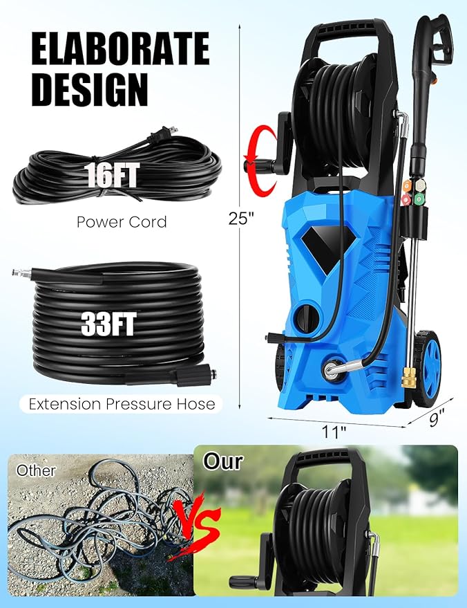 commowner𝐏𝐨𝐰𝐞𝐫 𝐖𝐚𝐬𝐡𝐞𝐫 𝟓𝟎𝟎𝟎𝐏𝐒𝐈 Portable with 33FT Pipe, 4 Nozzle Set for Home/Cars/Fences/Windows, Spphire