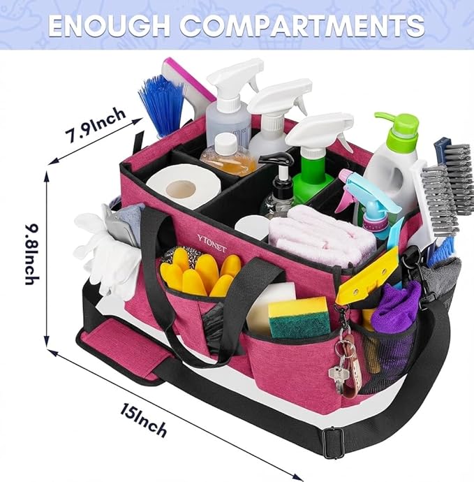 Ytonet Wearable Cleaning Caddy Organizer with Handle & Shoulder Straps, Large Cleaning Tote for Housekeepers, Kitchen Supplies Organizer with Dividers, Under Sink & Car Detailing Bag, Red