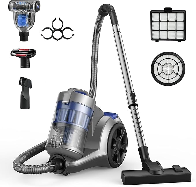 Aspiron 1700W Canister Vacuum Cleaner, 45Kpa Bagless Vacuum Cleaner, Multi-Cyclonic Filtration, 2 Anti-Allergen HEPA Filters, 3.5QT Dust Cup, 4 Tools, Corded Vacuum for Hard Floor, Pet Hair, Azure