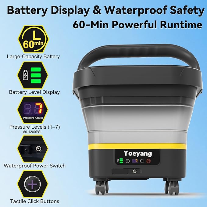 Portable Cordless Cleaner with Tank: Foldable Electric Cleaning Tool, 3.4 Gal Tank, Multi-Level Adjustable Spray, 360° Rotating Nozzle, Compact for Car, Garden, Patio, Camping