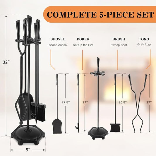 Gtongoko 5 Pcs Fireplace Tools Set 32" Black Wrought Iron Large Fire Tool Set for Outdoor/Indoor Include Chimney Poker, Rustic Tongs, Shovel, Antique Brush and Stand Accessories Set