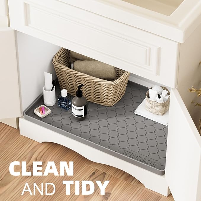 Silicone Under Sink Mat 28" x 19", kitchen Essentials and Gadgets, Shelf liner and Cabinet Protector, Home Organizers and Storage, Waterproof Bathroom Tray