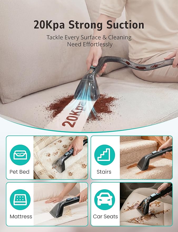 Steam Carpet Cleaner Machine with Hot/Cold Water & Steam Wash, Multifunctional Spot Cleaner, 20Kpa Powerful Suction, 300 ML Cleaning Solution for Carpet, Upholstery, Sofa, Pet Stains, Car
