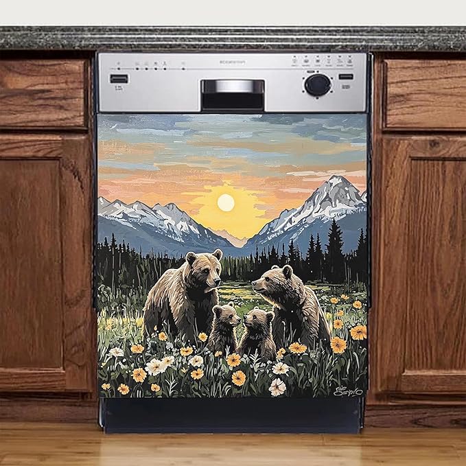 Dishwasher Magnet Cover Panel Sunset Garden Bears Refrigerator Magnetic Stickers Oil Painting Style Brown Bear Magnetic Dishwasher Decals for Home Kitchen Decor 23" x 26"(Magnetic)