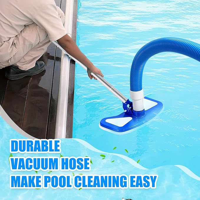 11.8" Swimming Pool Vacuum Head with 47" Long Pole and 1-1/4" x 18ft Hoses Flexible with Wheels for Inground Cleaning
