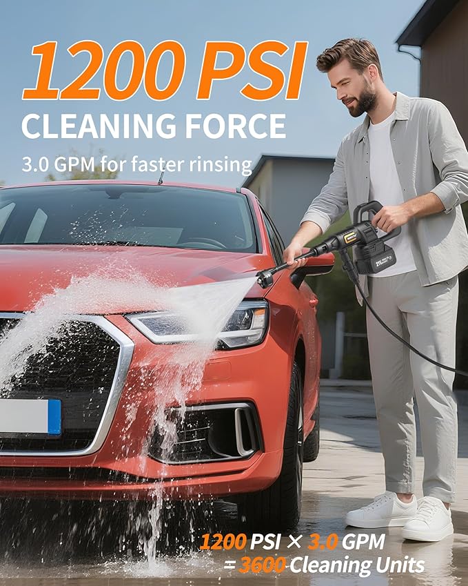 Cordless Portable Washer, 1200 PSI Battery Operated Washer with Brushless Motor, Battery, 23FT Elastic Hose, 3 Level Adjustable; Handheld Washer for Car, Home, Patio, Driveway (Resilient Black)