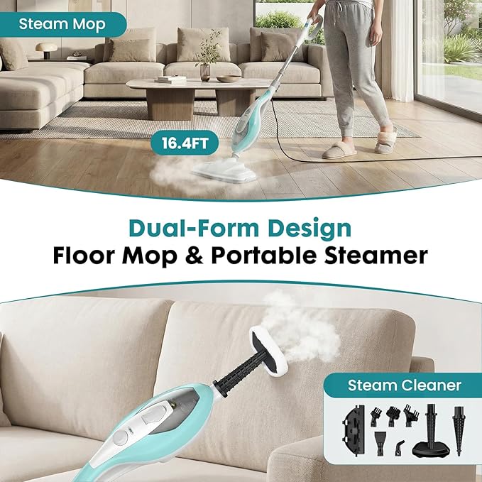 OLIXIS 10-in-1 Steam Mop, 1550W Detachable Handheld Steam Cleaner for Floor Cleaning, 16.4FT Cord, 2 Washable Pads, Multi-Purpose Floor Steamer for Hardwood, Carpet, Tile, Grout, Windows, White Green