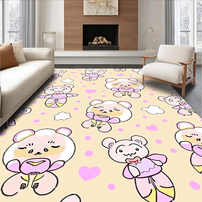 Flatwoven High Traffic Area Rug 5x7, Sweet Bear Balloon Interlocking Dot and Cloud Motif, Non Slip, Stain Resistant, Washable Area Rugs for Living Room, Bedroom (Beige, 5x7)