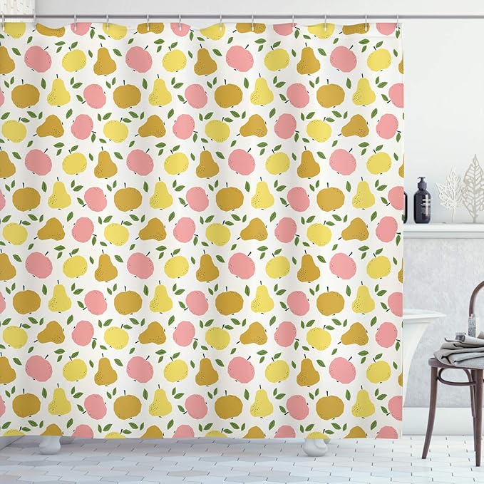 Ambesonne Vegan Shower Curtain, Pastel Colored Graphic Pattern of Apples and Pears Nutrition Vitamins Healthcare, Cloth Fabric Bathroom Decor Set with Hooks, 69" W x 70" L, Multicolor