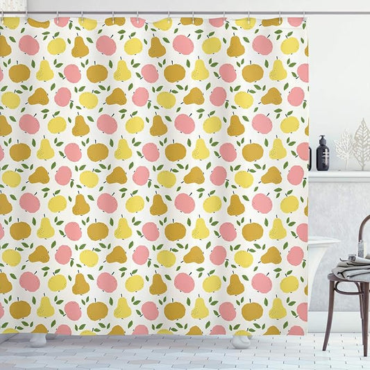 Ambesonne Vegan Shower Curtain, Pastel Colored Graphic Pattern of Apples and Pears Nutrition Vitamins Healthcare, Cloth Fabric Bathroom Decor Set with Hooks, 69" W x 70" L, Multicolor