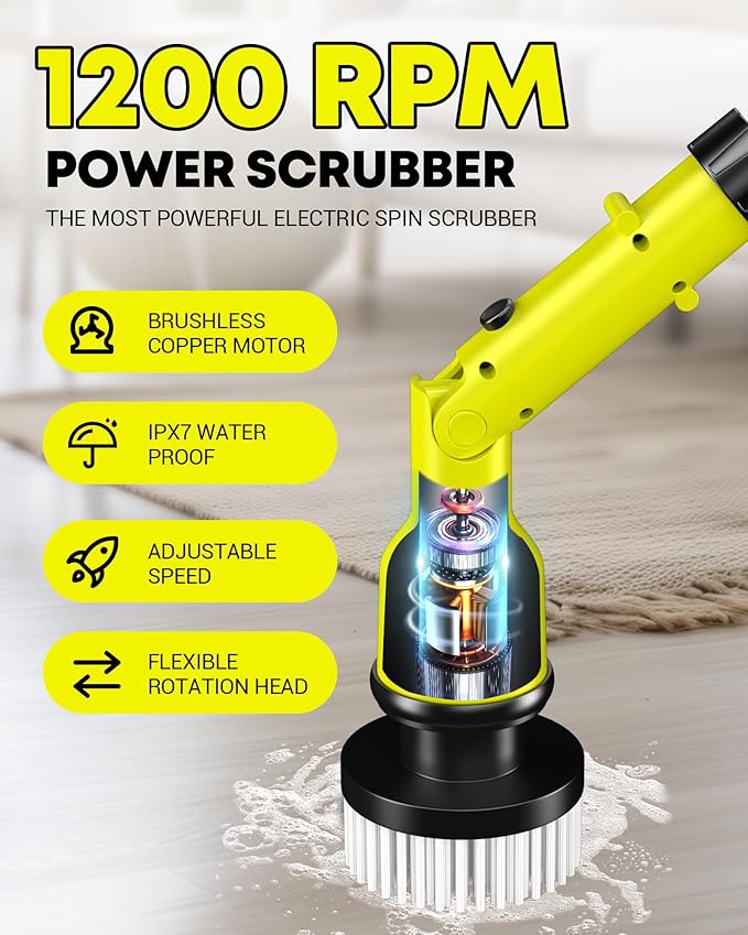Electric Spin Scrubber with 3+ Hour Long Lasting Battery, 1000W/1200RPM High Power Cordless Clean Brush with 50IN Adjustable Long Handle, 4 Replacement Head for Bath/Tub/Tile/Floor, RyobiGreen