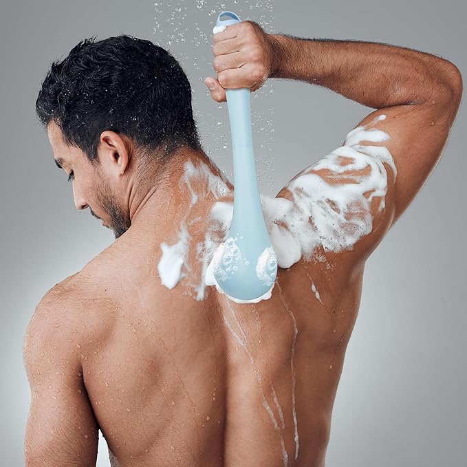 Electric Body Brush, Waterproof Back Scrubber for Shower with Long Handle and 3 Heads, Rechargeable Exfoliating Brush for Body and Foot, Deep Cleansing Massager, Blue