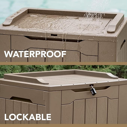 Devoko 30 Gallon Resin Deck Box Outdoor Indoor Waterproof Storage Box for Patio Furniture Pool Accessories Storage for Cushion Garden Tools (30 Gallon, Light Brown)