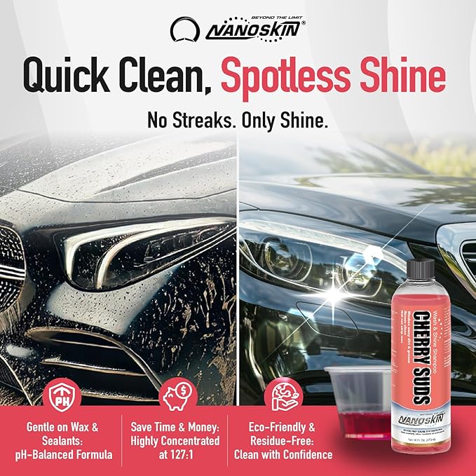 Nanoskin CHERRY SUDS Foaming Car Wash Shampoo 1 Gallon - Works with Foam Cannon, Foam Gun, Bucket Washes, Car Soap for Pressure Washer | Safe for Cars Trucks, Motorcycles, RVs & More | Cherry Scented