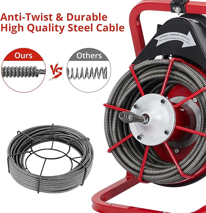 Garvee K-300K 3/8 in 50 ft 1 Red & Black Electric Drain Cleaner Machine - Automatic Auger for 1 to 4 in Pipes, Portable Design, 4 Cutters, Foot Switch Control, and Includes Gloves.
